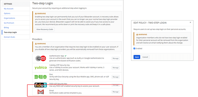 2FA settings for users and organizations