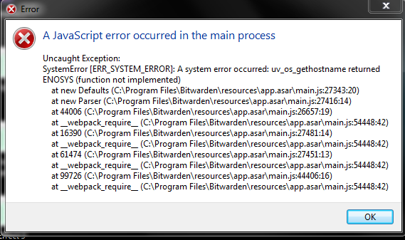 A JavaScript error occurred in the main process. Uncaught